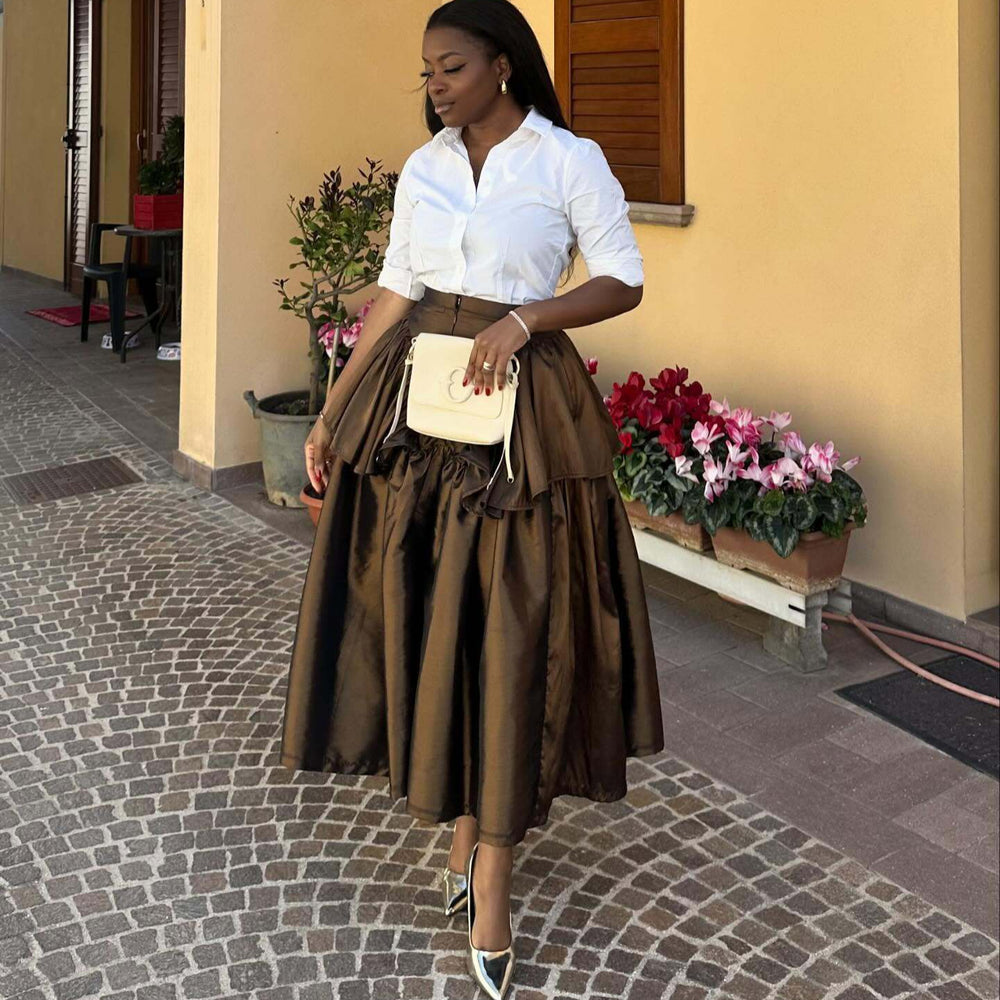 European and american cross-border women's fashion  summer new high-waisted ruffle pleated a-line midi skirt
