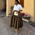 European and american cross-border women's fashion  summer new high-waisted ruffle pleated a-line midi skirt