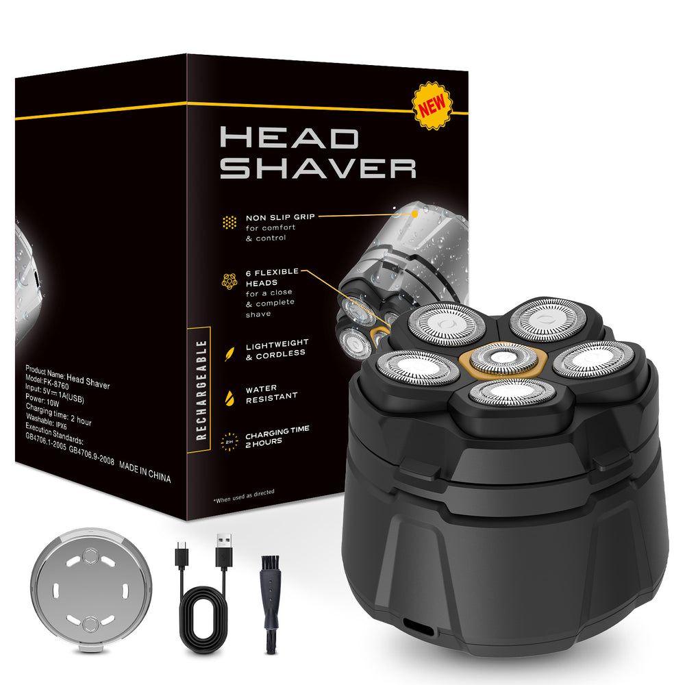 High-power magnetic electric head shaver - six-blade razor, fully washable, electric hair trimmer & shaving knife