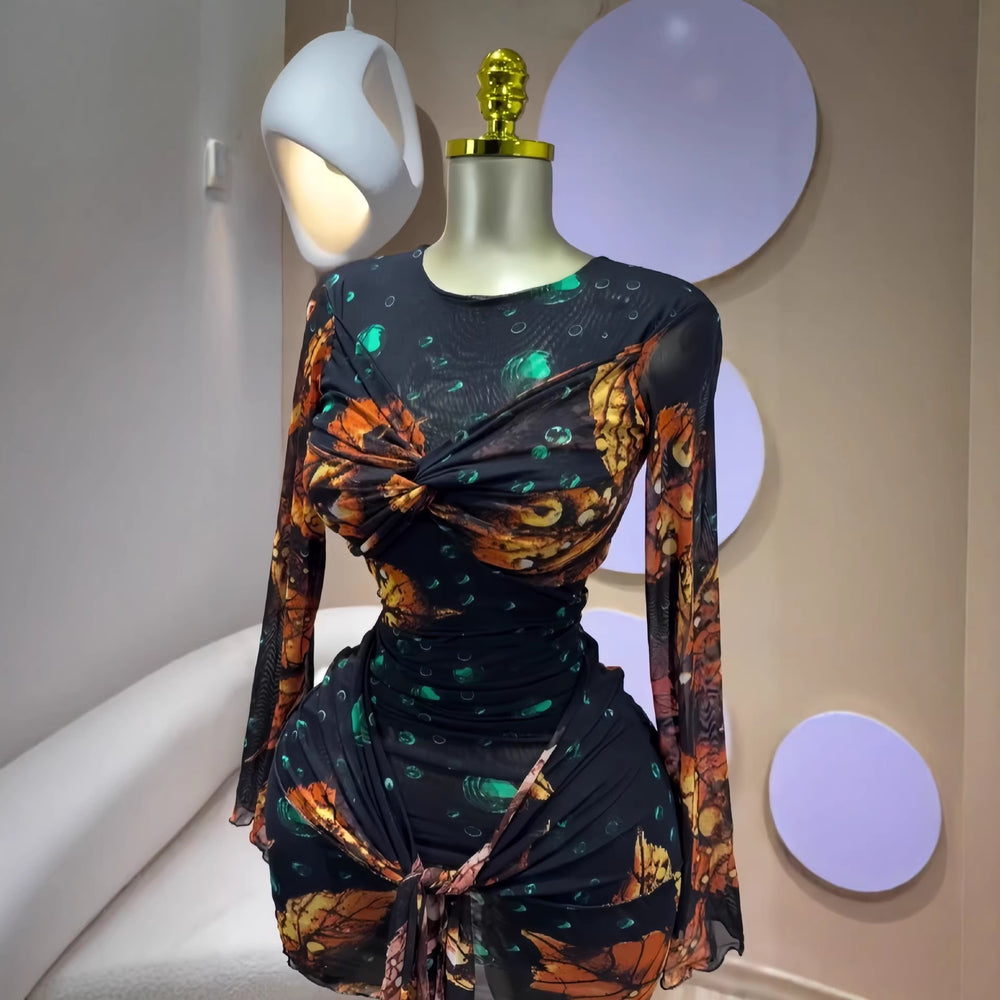 European and american cross-border women's fashion:  spring new arrival - long sleeve crew neck bandeau waist cincher ribbon detail bodycon mini dress
