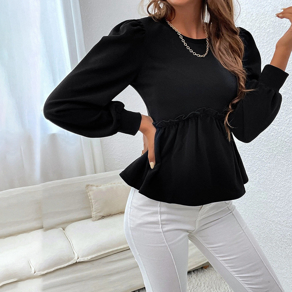 Cross-border 2024 European and American women's clothing temperament commuter round neck bubble long-sleeved shirt ruffle edge design pullover top