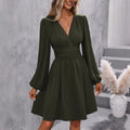 Fall and winternew arrival slanted collar lantern sleeve pleated waist dress