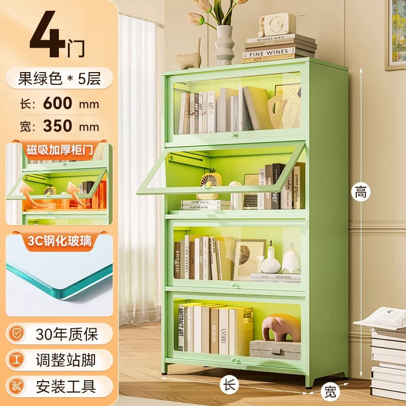 Steel bookcase with glass doors, kids' bookshelf, home living room storage cabinet, dustproof display cabinet, iron art shelf
