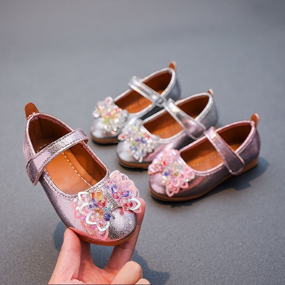 Girls'  spring bowknot soft-soled princess leather shoes for mid-to-large children, velcro closure, wear-resistant and non-slip