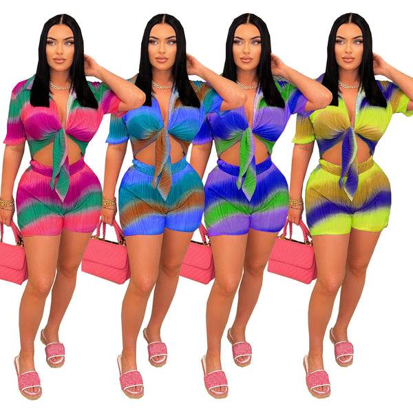 TD2327 European and American wholesale female sexy fashion shorts set gradual change color printing two-piece set