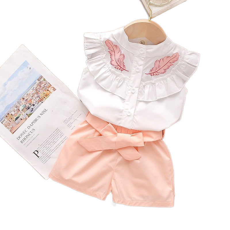 Summer new girls' outfit set - kids' baby pink leaf print ruffle collar top + shorts 2-piece set -