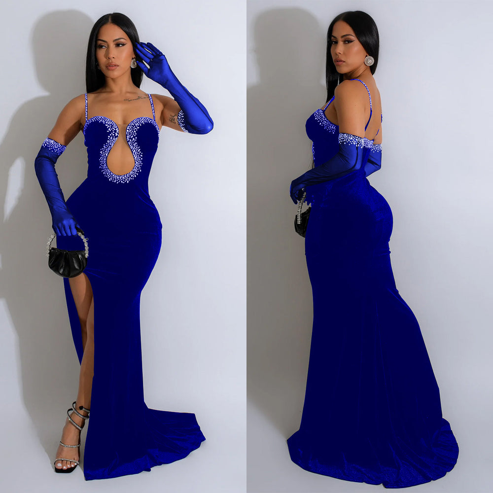 C6786 cross-border   fashion women's solid color sexy bandeau rhinestone embellished maxi dress