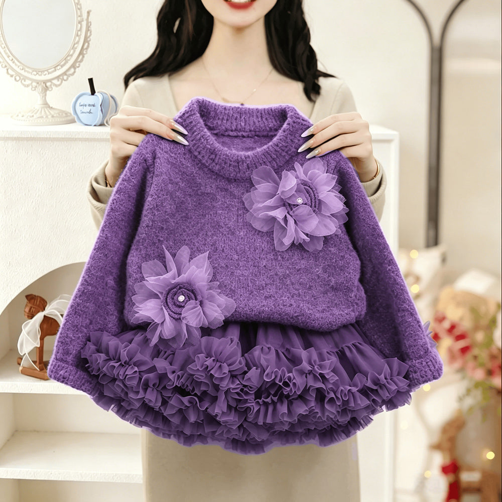 Girls' sweater - new autumn/winter  collection: stylish floral print crewneck knit top, korean style sweet princess design