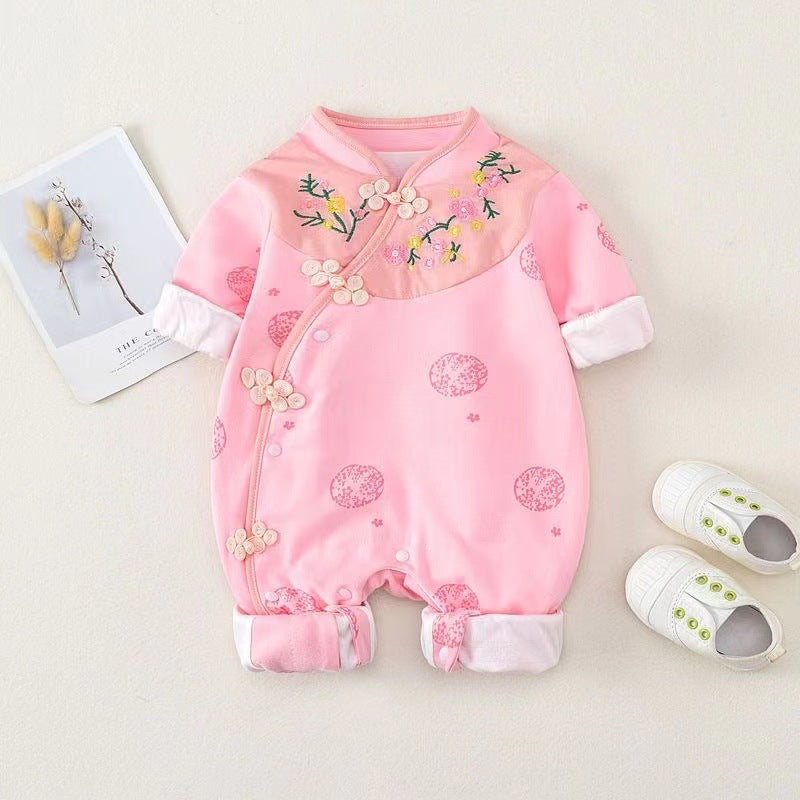 Infant and toddler clothing, spring and autumn baby girl rompers, chinese style full moon princess outing, fashionable side-breasted one-piece khaki