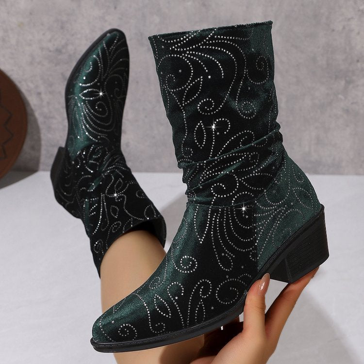 fall/winter new embroidered western cowboy boots for women - pointed toe, chunky heel, mid-calf boots, plus size women's boots, wholesale for export