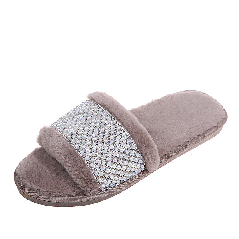 Fall and winteroutwear bunny fur open toe flip flops pearl rhinestone fur slippers women's indoor wooden floor cotton slippers