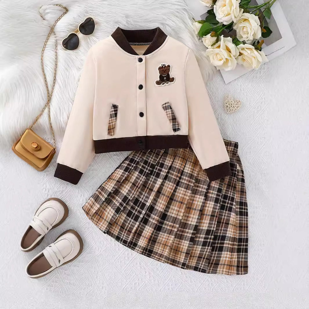 Girls' fall/winter baseball jacket & pleated plaid skirt set - cute bear embroidery, two-piece outfit for kids