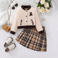 Girls' fall/winter baseball jacket & pleated plaid skirt set - cute bear embroidery, two-piece outfit for kids