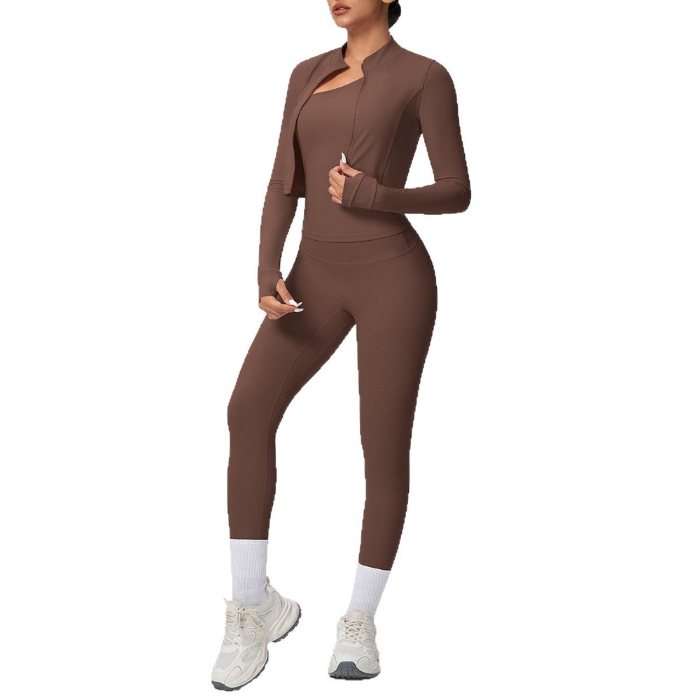pure color brushed tight one-shoulder vest nine-point long three-piece sports running fitness yoga suit