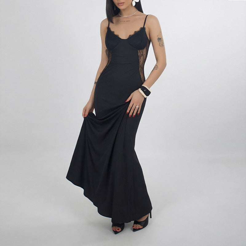women's summer new arrivals: european and american cross-border fashion - sexy solid color lace bodycon dress