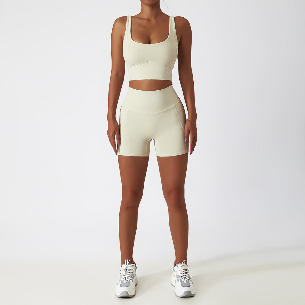 breathable quick-drying tight-fitting yoga clothes flap pocket pants running sports suit diagonal shoulder naked fitness suit6425