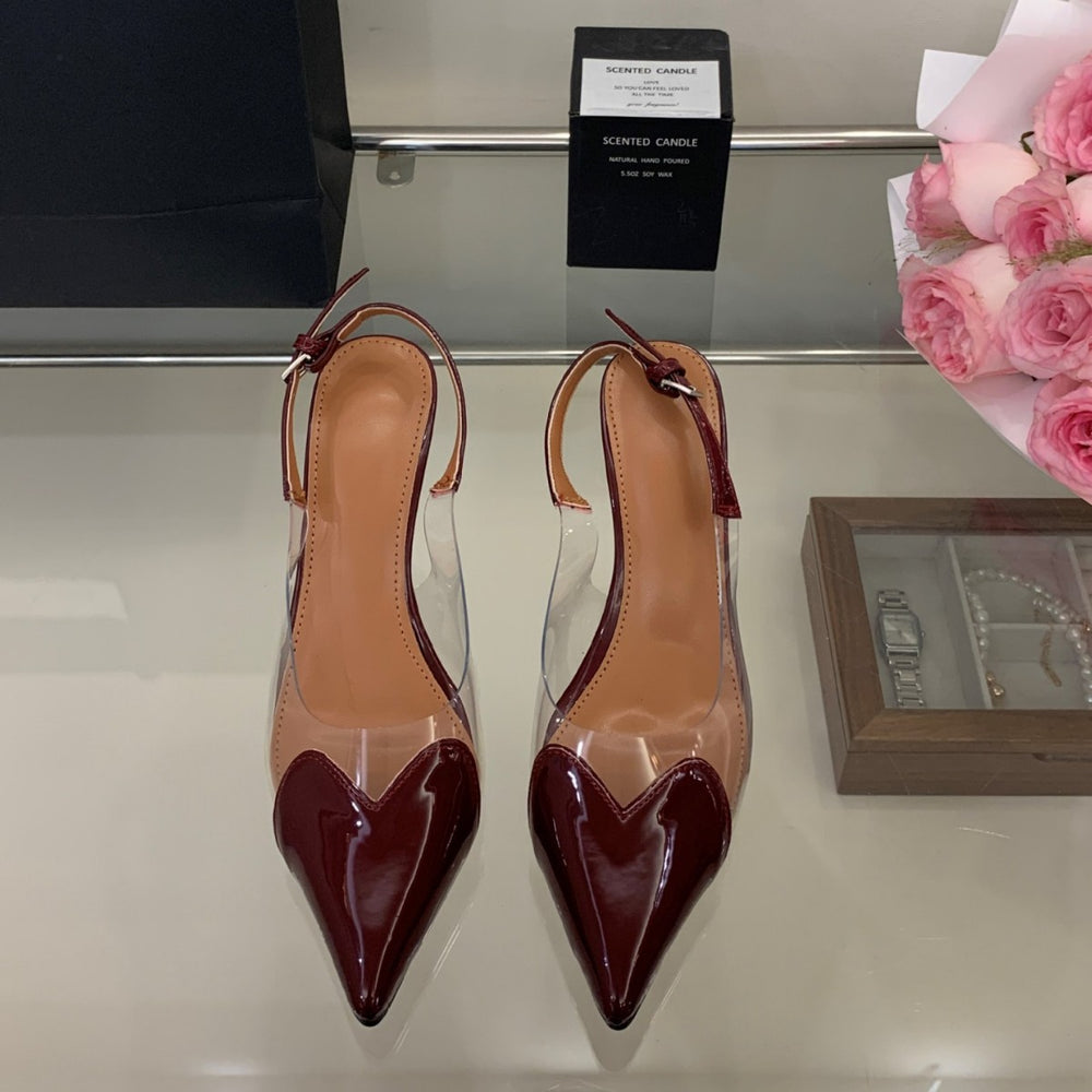 Pointed-toe stiletto sandals for women, 2026 heart-patterned patent leather, transparent open-back, single-strap buckle high heels, wholesale summer quick return