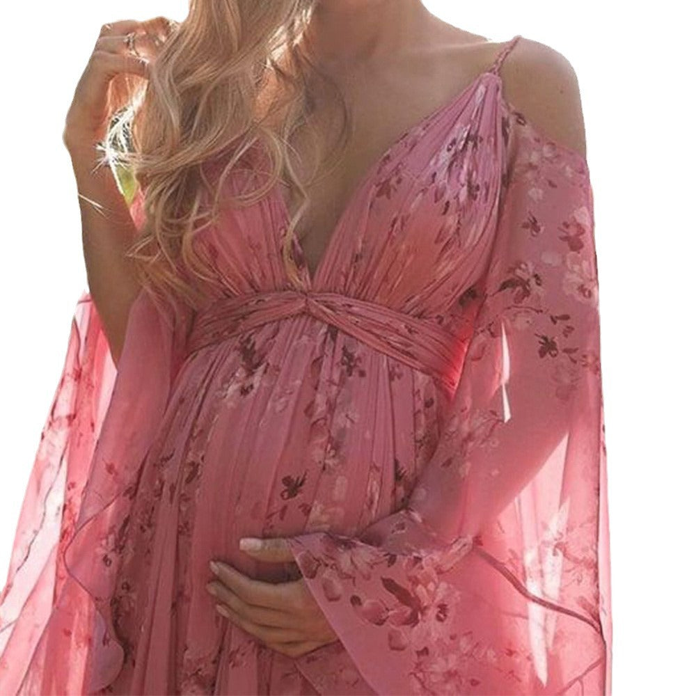 new autumn/winter cross-border fashion: european & american v-neck floral print pink maxi dress - plus size maternity swing dress