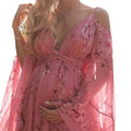 new autumn/winter cross-border fashion: european & american v-neck floral print pink maxi dress - plus size maternity swing dress