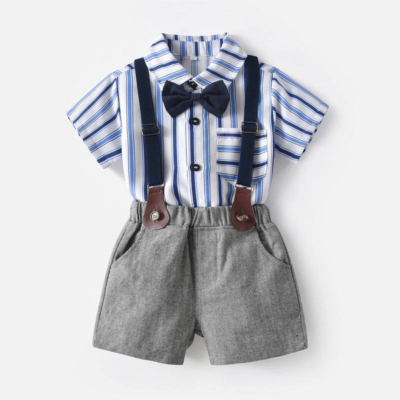 Wholesale children's spring/summer fashion set: trendy blue striped short-sleeve shirt and overalls two-piece outfit