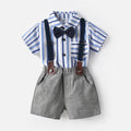 Wholesale children's spring/summer fashion set: trendy blue striped short-sleeve shirt and overalls two-piece outfit