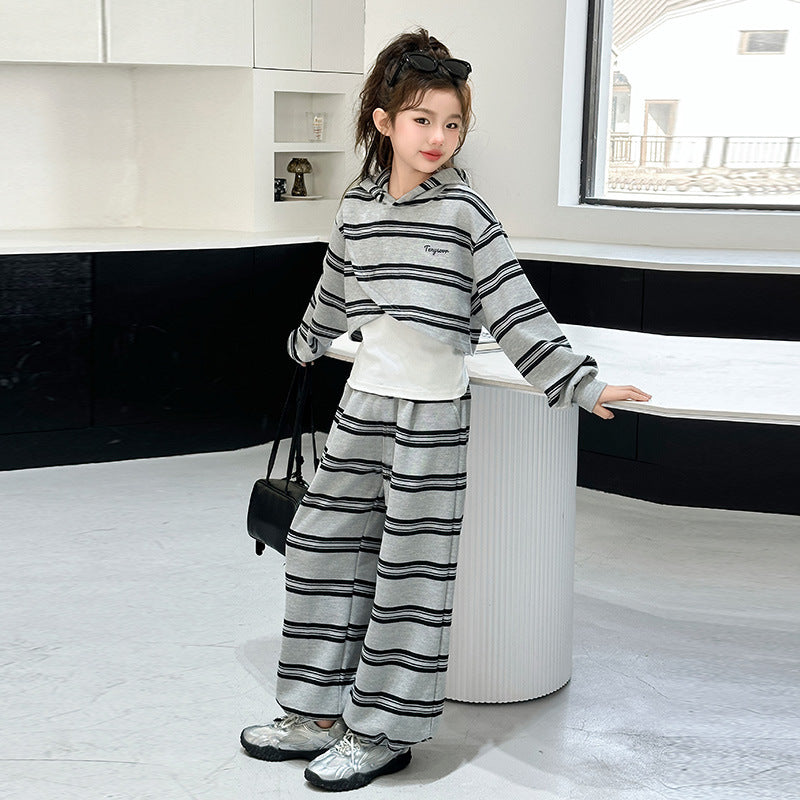 Girls' spring/autumn striped outfit -  new style - trendy hooded sweatshirt and pants set for girls (sizes for mid-to-large children)