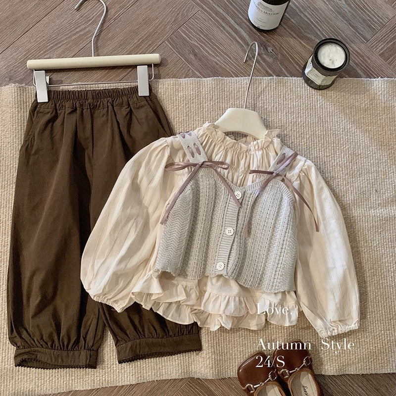 Girls' spring/autumn bowknot knitted vest, layering long-sleeve pullover shirt top, and casual pants three-piece set