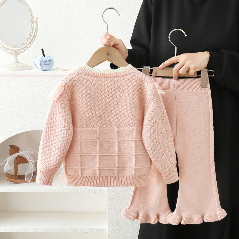 Girls' spring outfit set : new stylish cardigan jacket and lace pants two-piece set for girls - perfect for spring and autumn