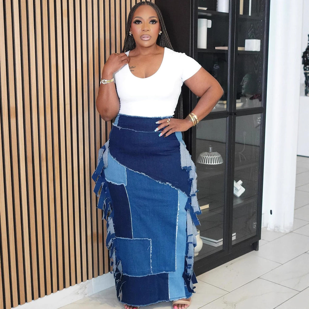 European and american style women's denim skirt - new fashion washed color block tassel high waist midi skirt for  cross-border e-commerce
