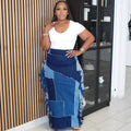 European and american style women's denim skirt - new fashion washed color block tassel high waist midi skirt for  cross-border e-commerce