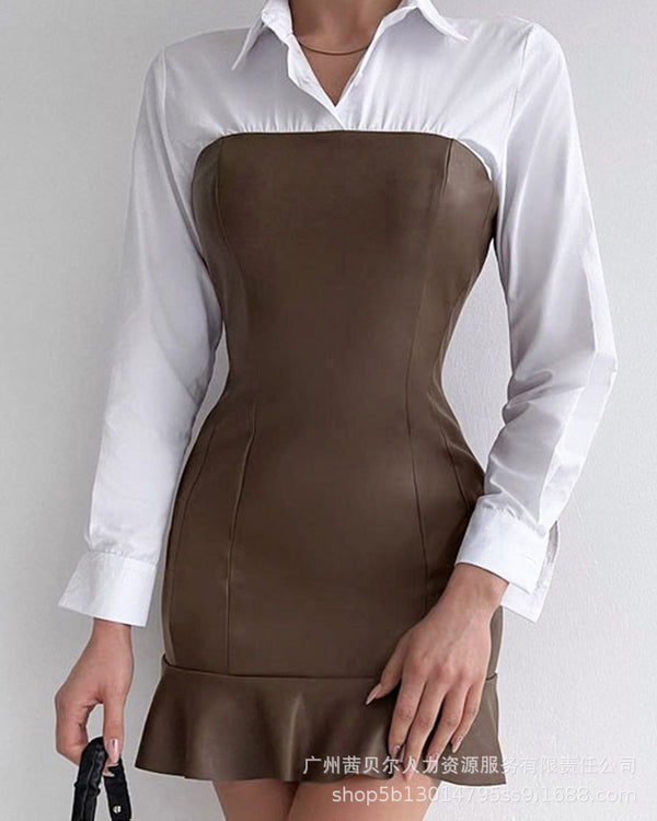 Spot 2022 European and American new shirts spliced leather mini dresses