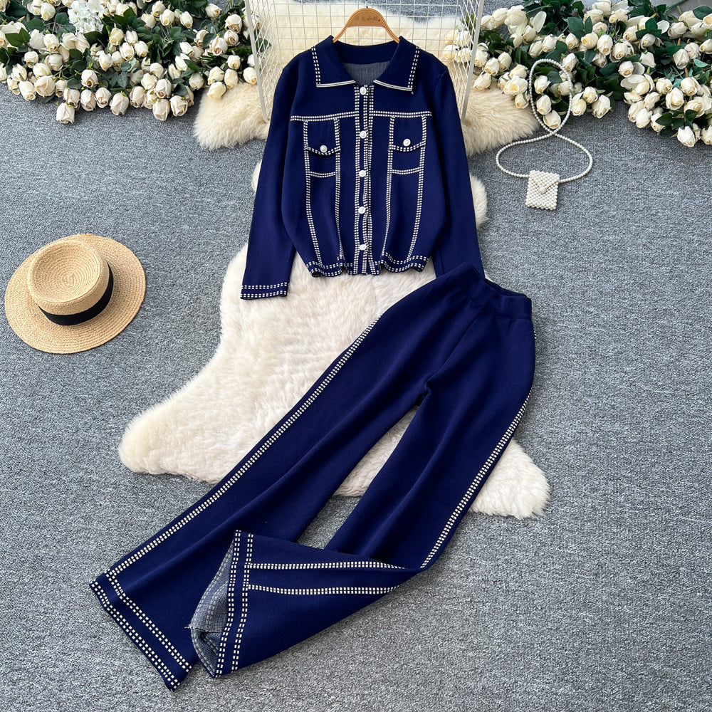 Xiaoxiangfeng wear women's autumn fashionfashioncontrast color topstitch lapel long sleeveslooseknittingtopshigh waistloose pants