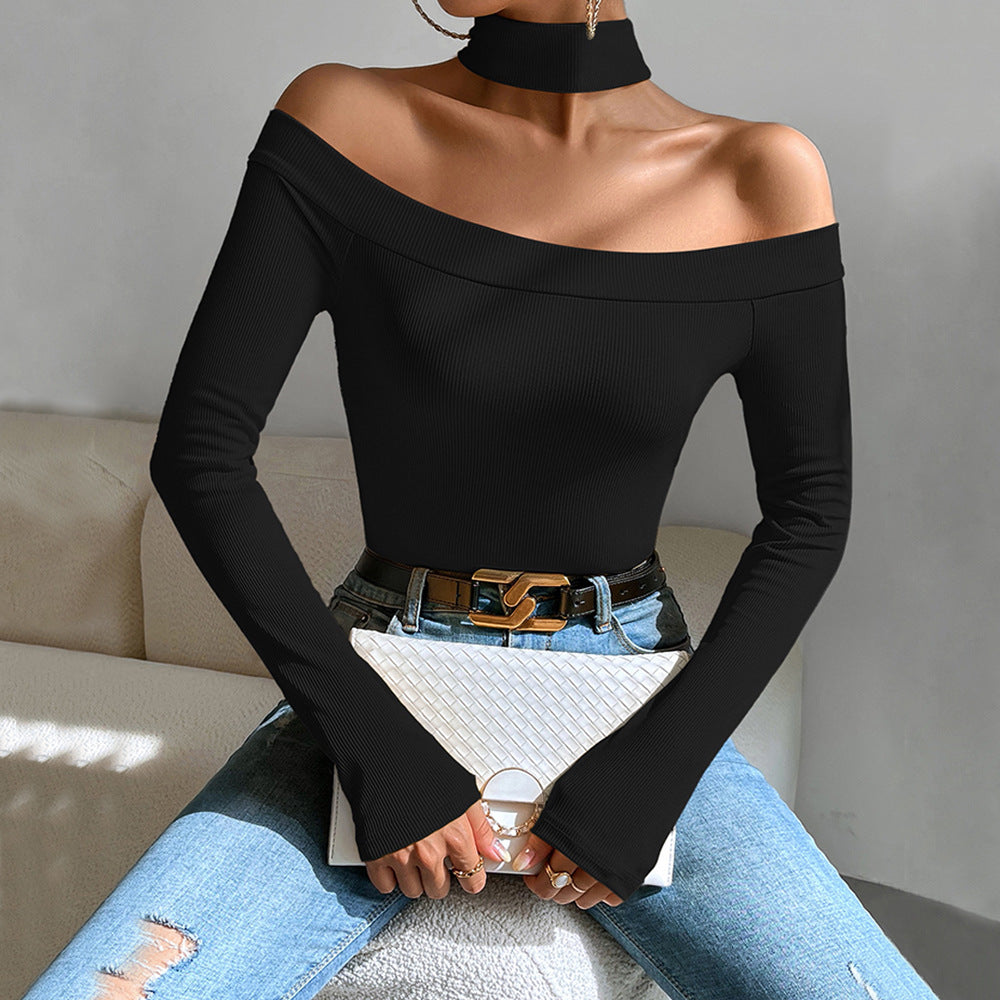 european and american women's clothing  fall/winter new sexy off-the-shoulder slim-fit knitted long-sleeve t-shirt - versatile and chic top