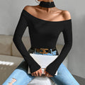 european and american women's clothing  fall/winter new sexy off-the-shoulder slim-fit knitted long-sleeve t-shirt - versatile and chic top