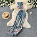 American retro floral embroidered denim two-piece set for women - summer slim fit, stylish and chic