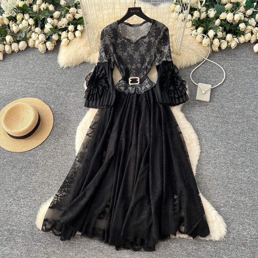 Light mature style lace lantern sleeve cut outdress female stereo flower waist slimming look a-line skirt classy sense of elegant