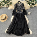 Light mature style lace lantern sleeve cut outdress female stereo flower waist slimming look a-line skirt classy sense of elegant