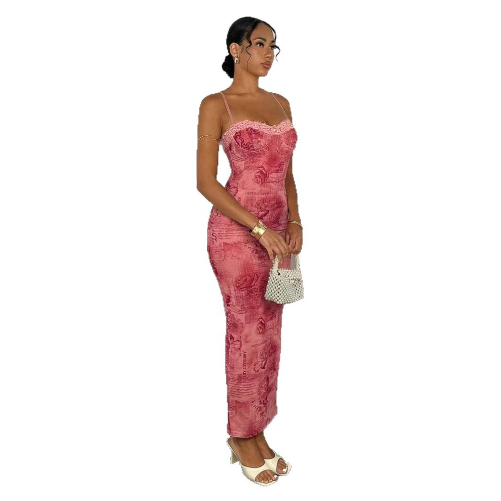 Amazon cross-border sexy printed lace slim-fit long tank dress - cross-border exclusive, ready stock, fully certified