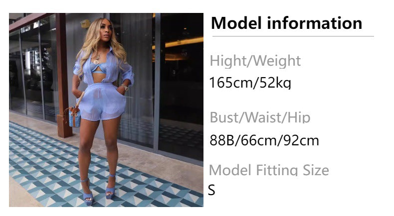 european and american women's sexy solid color see-through long sleeve shirt and shorts casual set