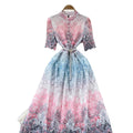 elegantdress women's high-end sense of strap waist half length sleeves cut out crochet laceprinting large swing long skirt