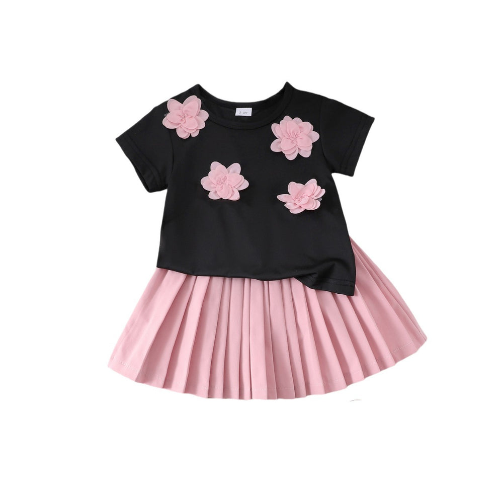 Amazon cross-border european and american girls' summer outfit: floral appliqué short-sleeve t-shirt and princess pleated skirt set