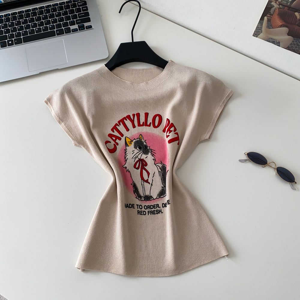 Cartoon cat print short-sleeve knit tank top - women's summer style, slim fit, youthful, versatile casual top