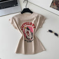 Cartoon cat print short-sleeve knit tank top - women's summer style, slim fit, youthful, versatile casual top