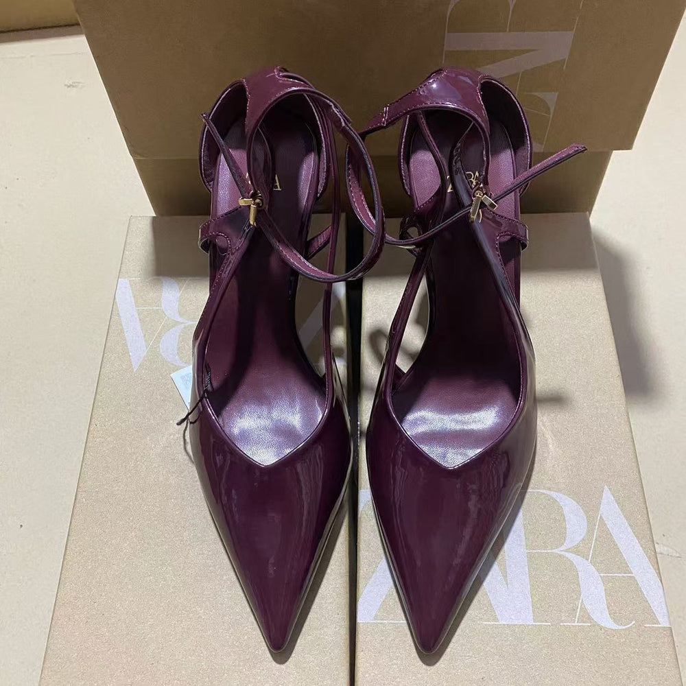Za2024autum pointed toe burgundy high-heeled sandals thin heel back strap daily easiest for match whitening high-heeled sandals for women
