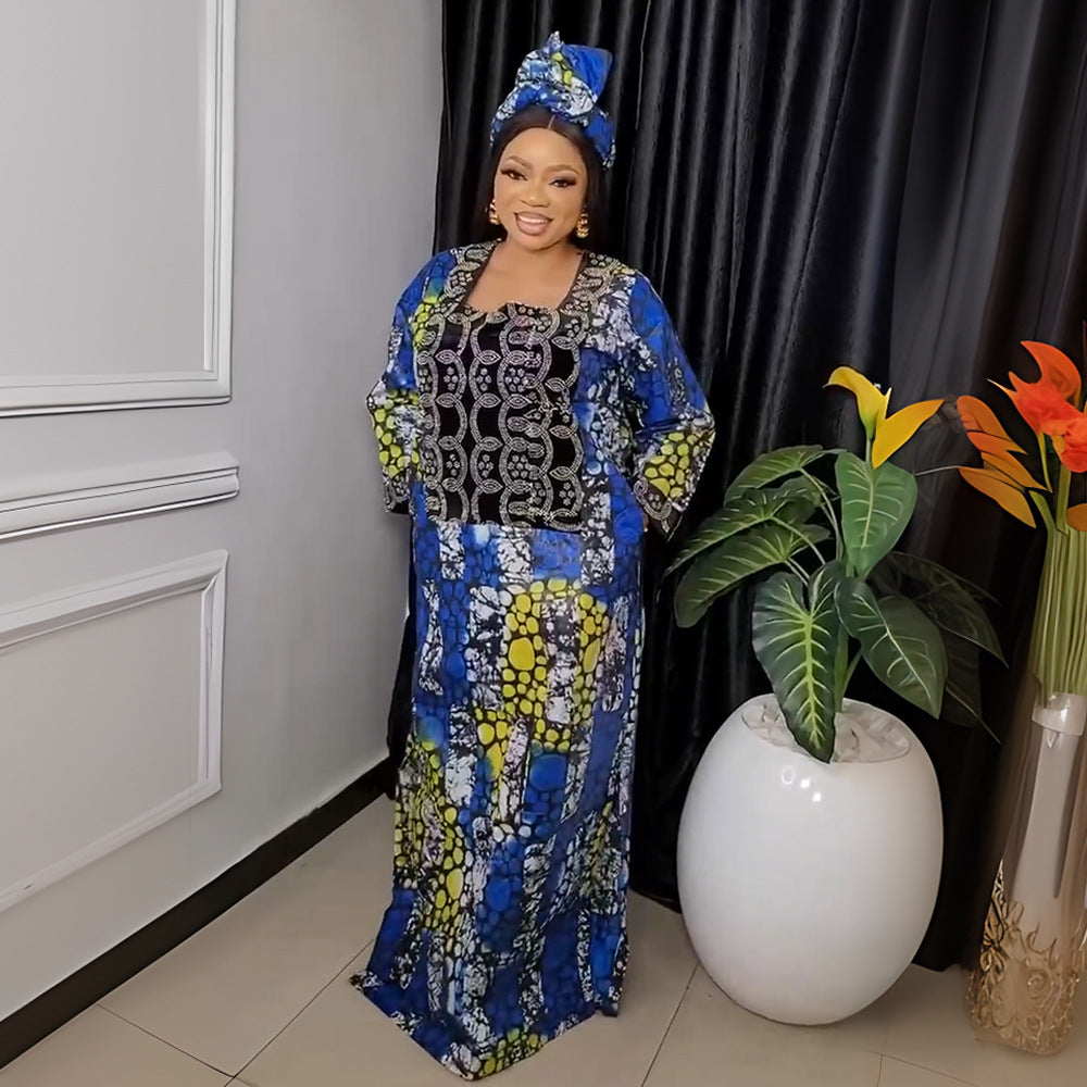 Aliexpress hot-selling crystal satin printed dress with headscarf, rhinestone embellishments, african plus size women's color block robe