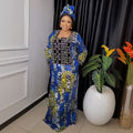 Aliexpress hot-selling crystal satin printed dress with headscarf, rhinestone embellishments, african plus size women's color block robe