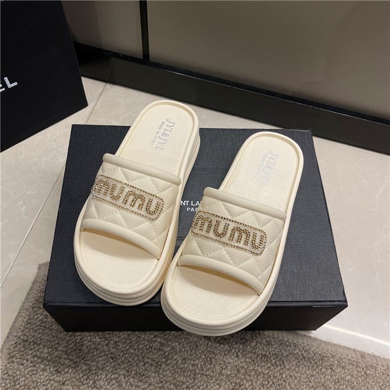 Thick soleplatform shoes rhinestone slippers women's summer easiest for match heightening fashion going out style beach soft bottomnon-slipoutwear one word