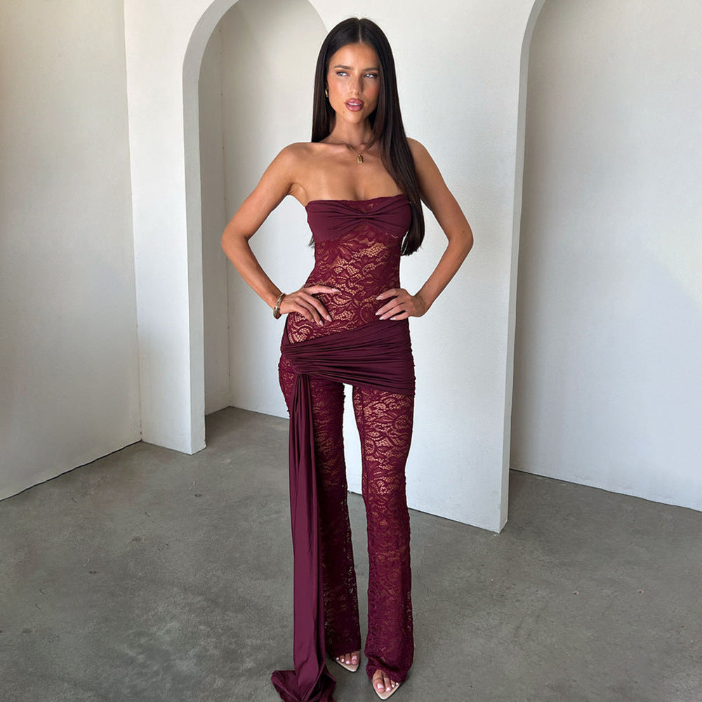 European and american style women's summer new sleeveless lace patchwork sexy see-through slim-fit backless flare jumpsuit