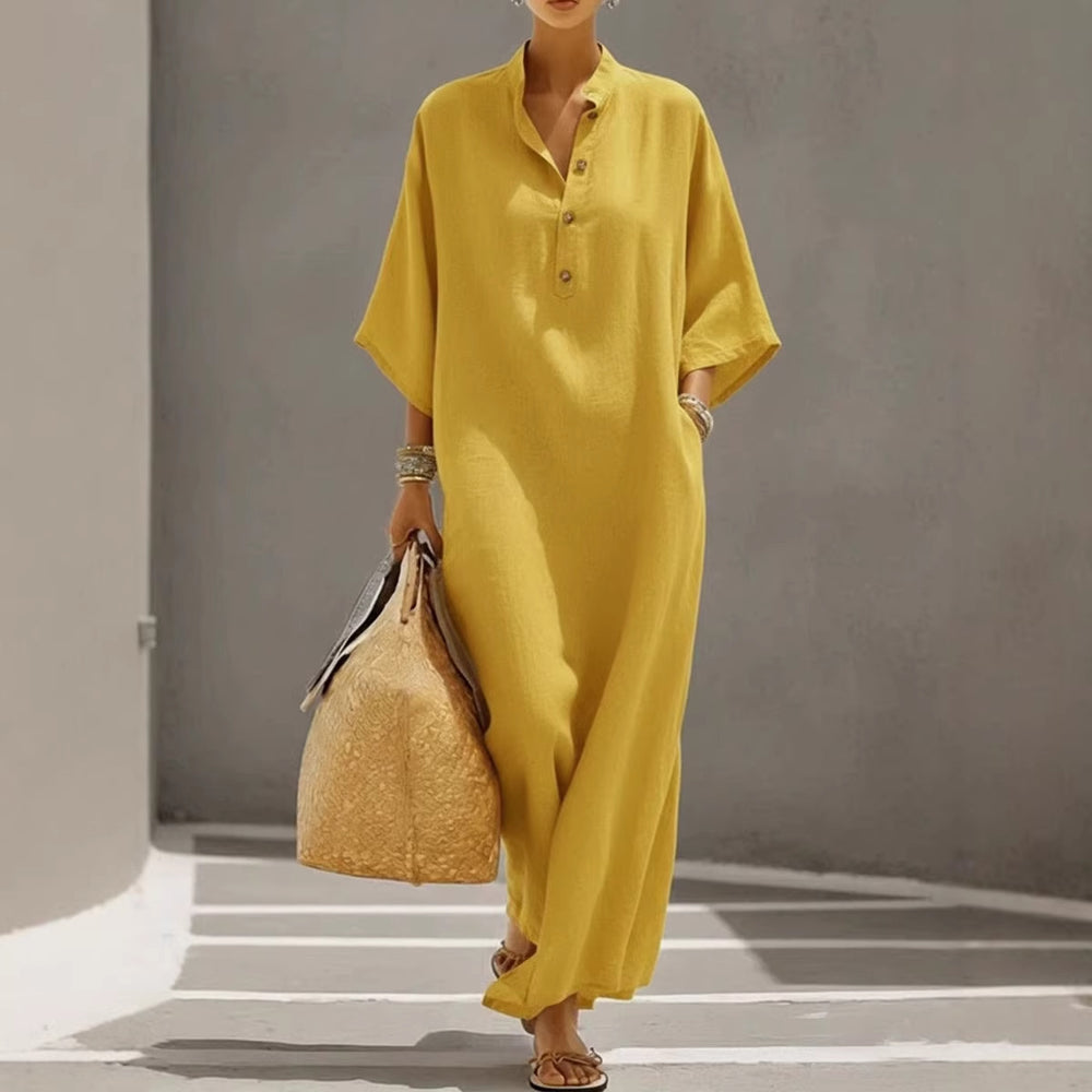 fashion women's summer fashionloose stand collar buttons mid-sleeve long vacation style shirt dress