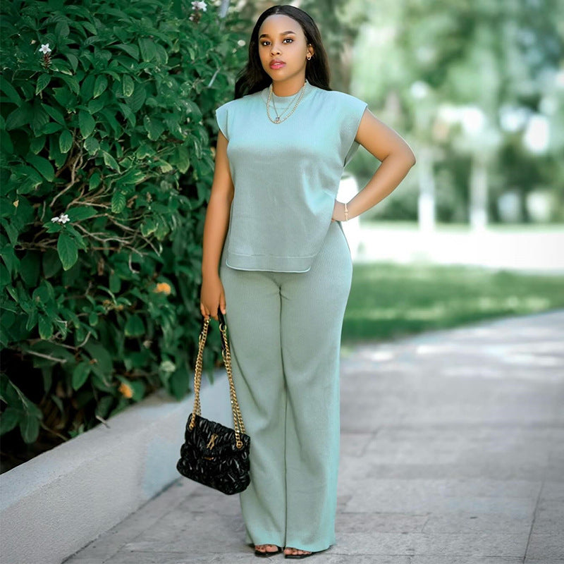 European and american cross-border women's fashion  autumn new arrival: elegant solid color mock neck short sleeve t-shirt and wide leg pants set